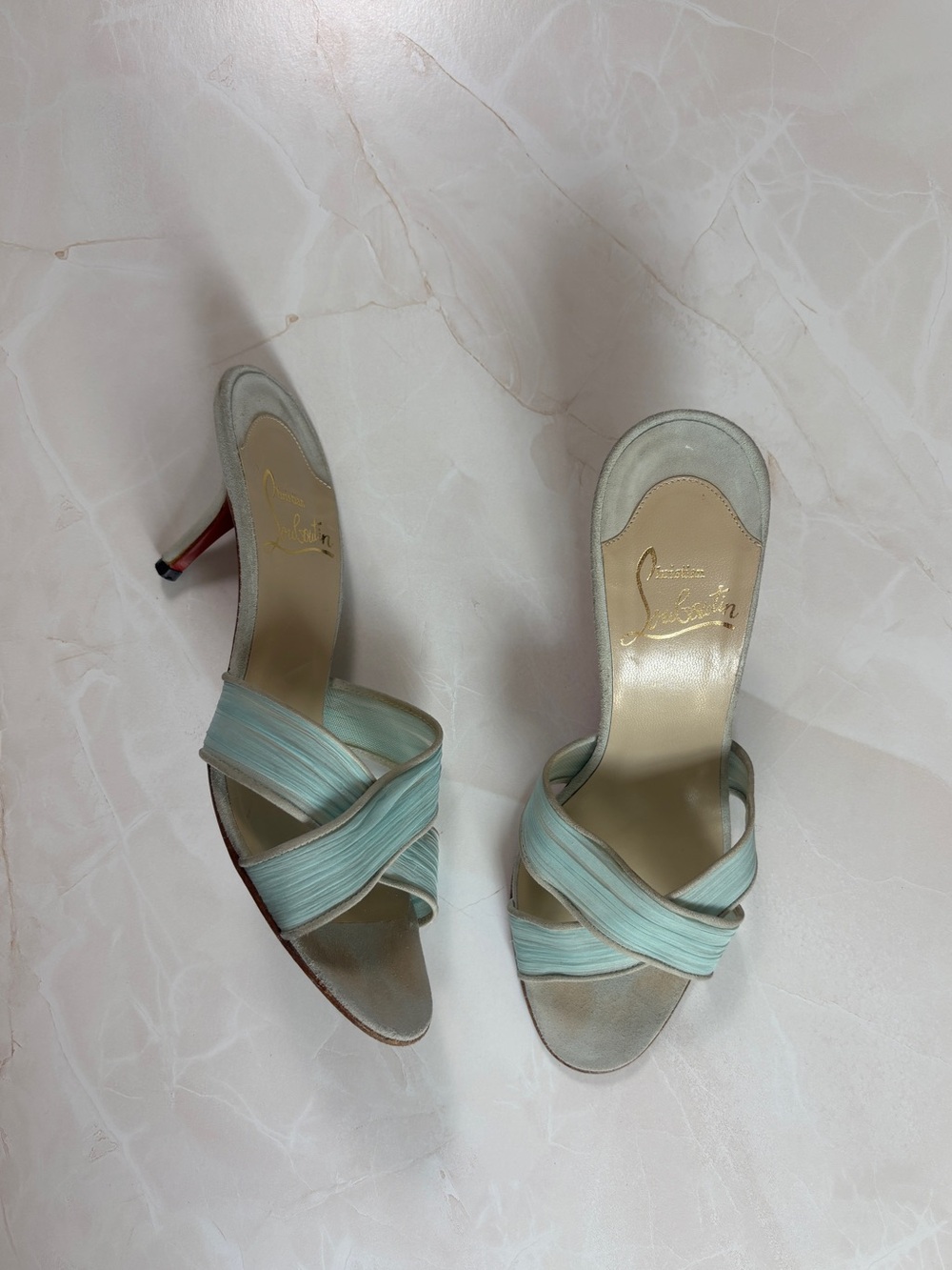 vintage Y2K Christian Louboutin sky blue crisscross chiffon ribbon kitten heel